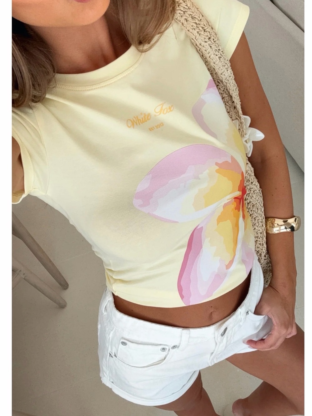 White Fox Yellow Floral Crop Tee - color lemon